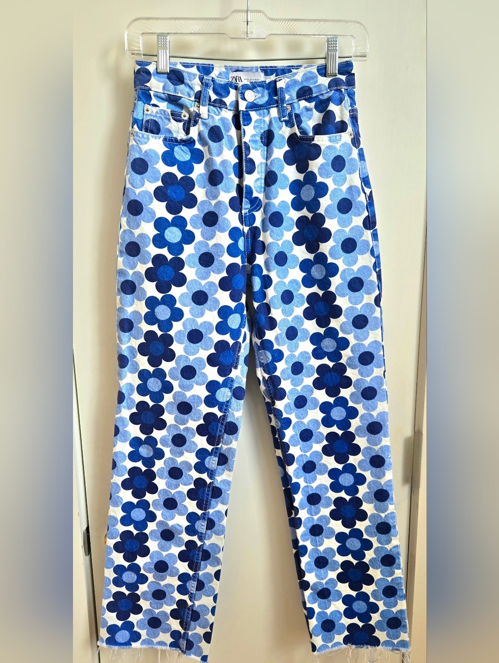Zara Blue Floral High-Rise Straight Leg Jeans